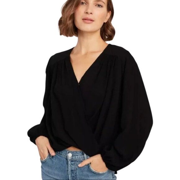 Free People black faux wrap hi-low pleated sleeve top size XS - Picture 1 of 9